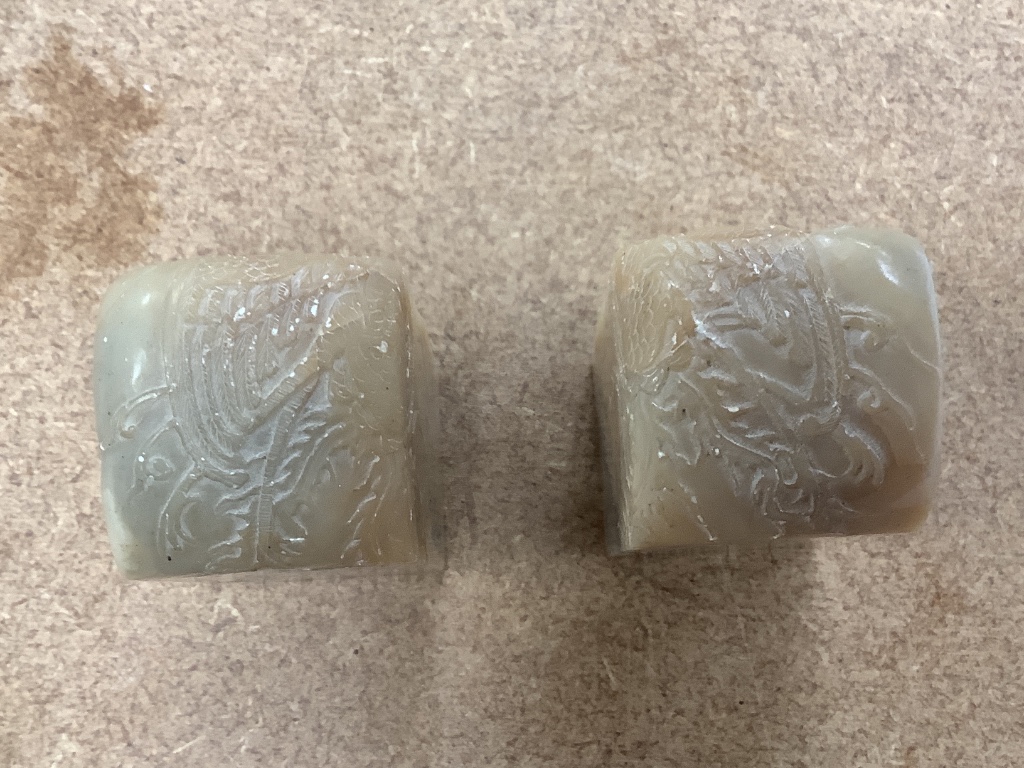 Two Chinese square soapstone seals, height 7cm